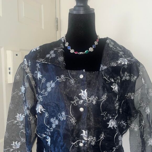 MSK Tops - Msk Women's Navy and Silver Sheer Floral Embroidered Evening Party Blouse SZ XL